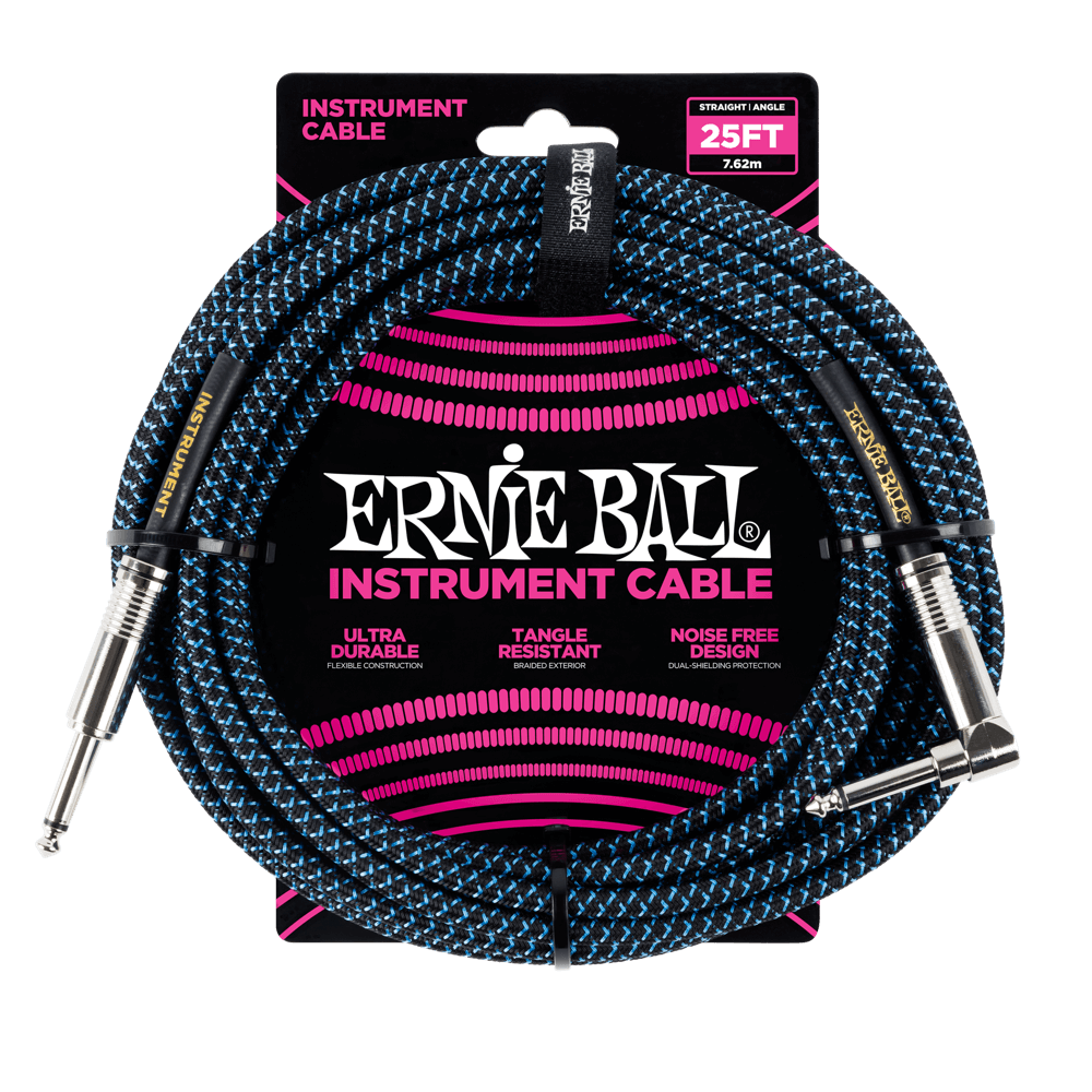 Ernie Ball 25' Braided Straight / Angle Instrument Cable - Black / Blue - HIENDGUITAR Ernieball Cables