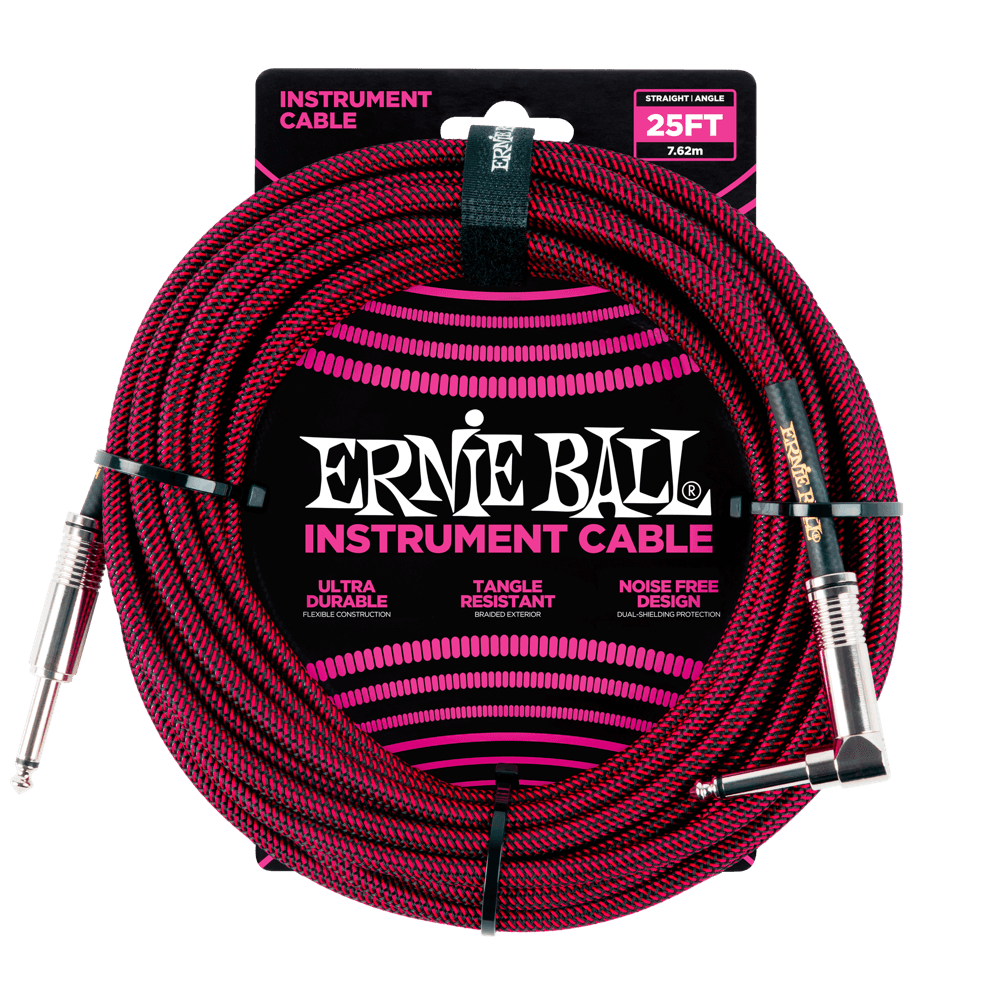 Ernie Ball 25' Braided Straight / Angle Instrument Cable - Black / Red - HIENDGUITAR   Ernieball Cables