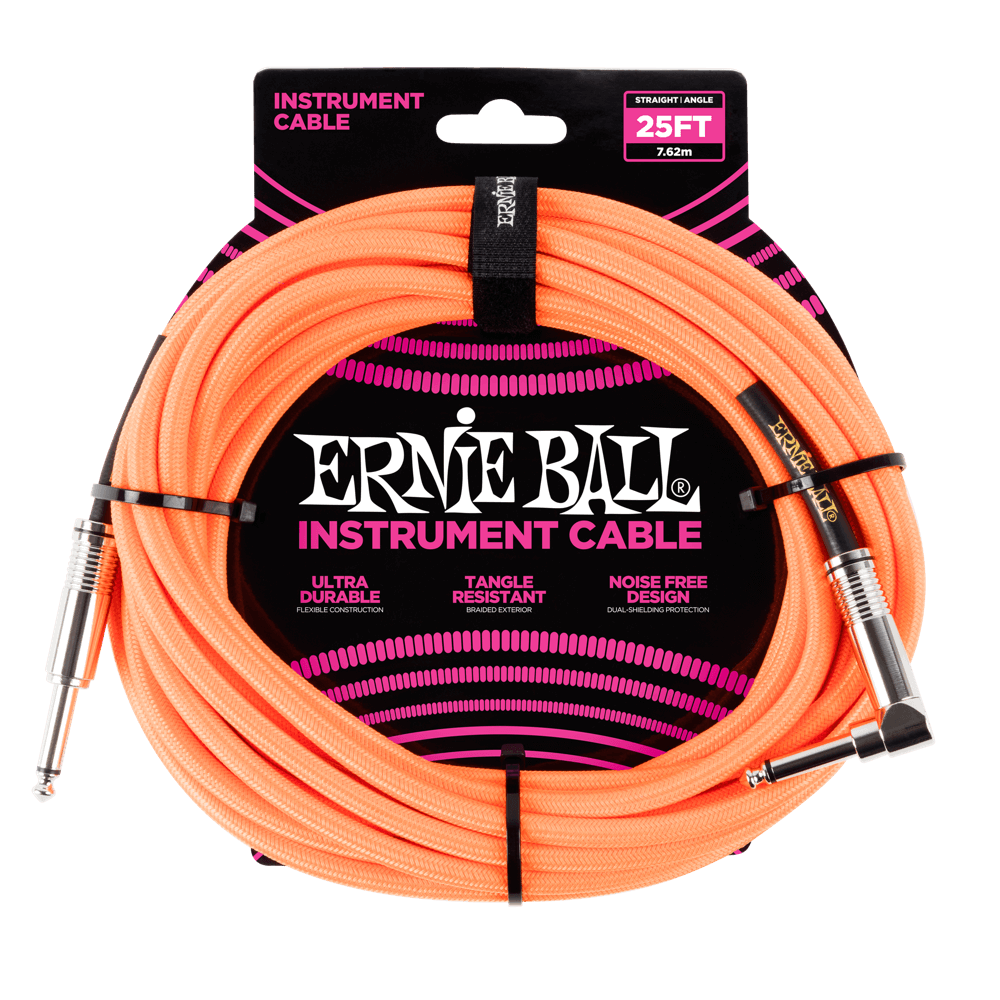 Ernie Ball 25' Braided Straight / Angle Instrument Cable - Neon Orange - HIENDGUITAR Ernieball Cables