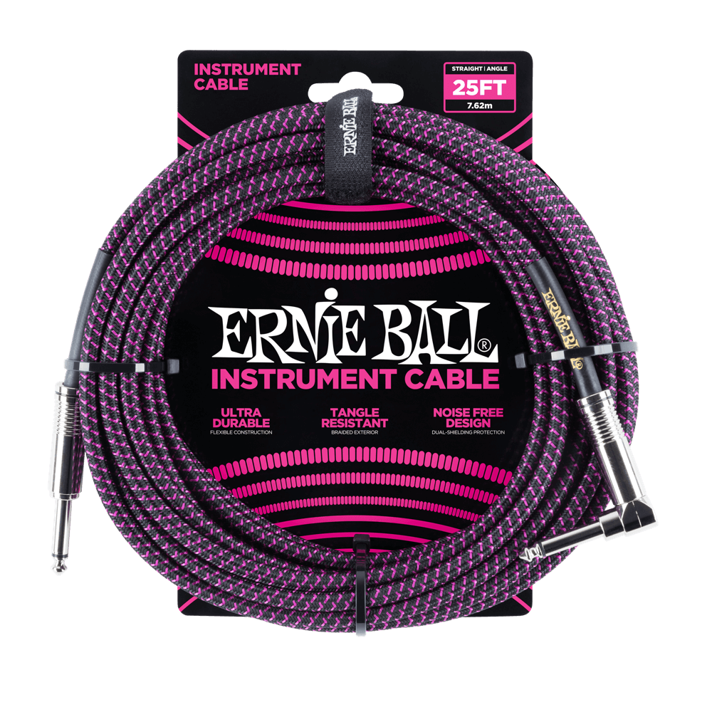 Ernie Ball 25' Braided Straight / Angle Instrument Cable - Black / Purple - HIENDGUITAR   Ernieball Cables