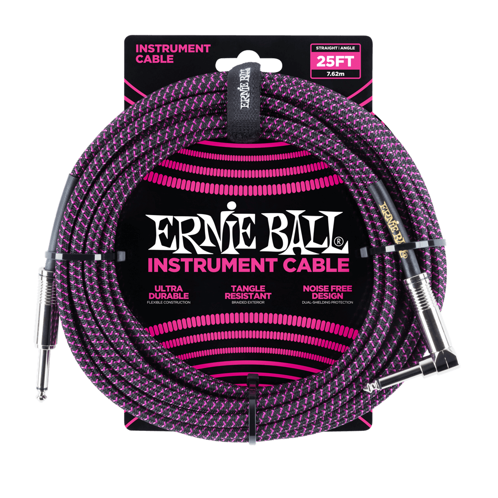 Ernie Ball 25' Braided Straight / Angle Instrument Cable - Black / Purple - HIENDGUITAR Ernieball Cables