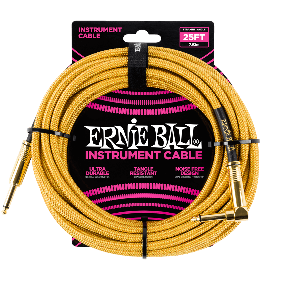 Ernie Ball 25' Braided Straight / Angle Instrument Cable - Gold / Gold - HIENDGUITAR Ernieball Cables