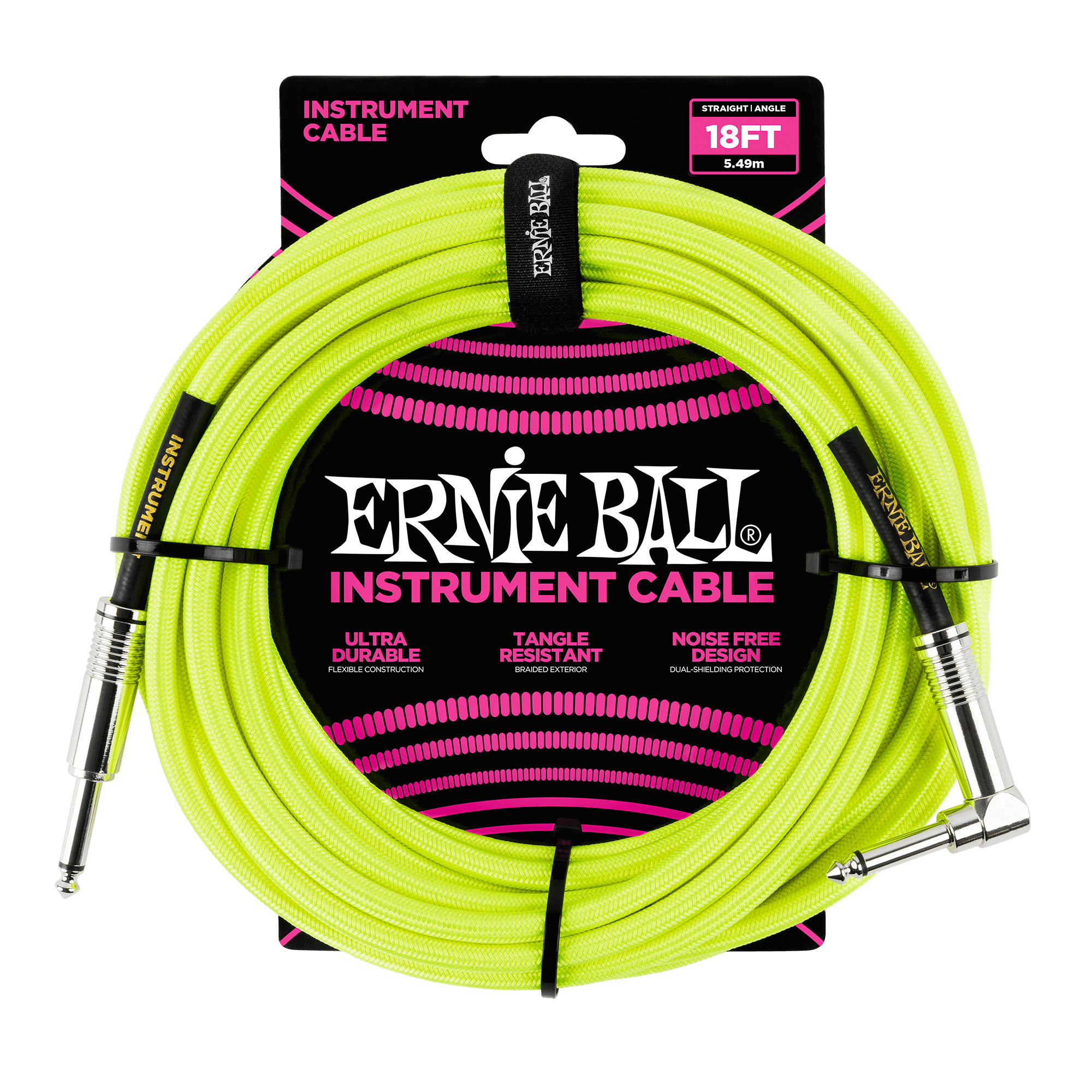 Ernieball 18' BRAIDED STRAIGHT / ANGLE INSTRUMENT CABLE NEON - YELLOW - HIENDGUITAR ernieball Cable