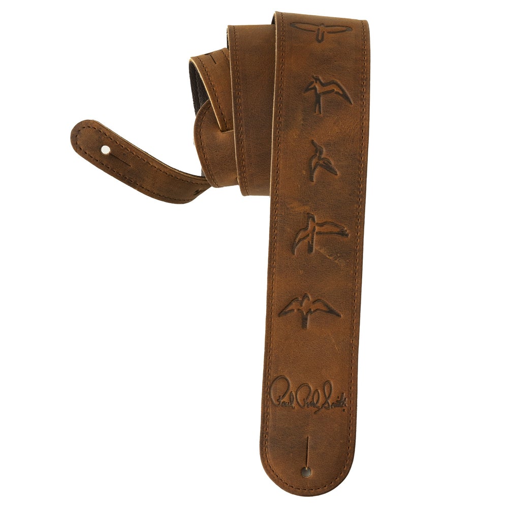 PRS Distressed Brown Leather Birds Strap (embossed birds brown) - HIENDGUITAR PRS Straps