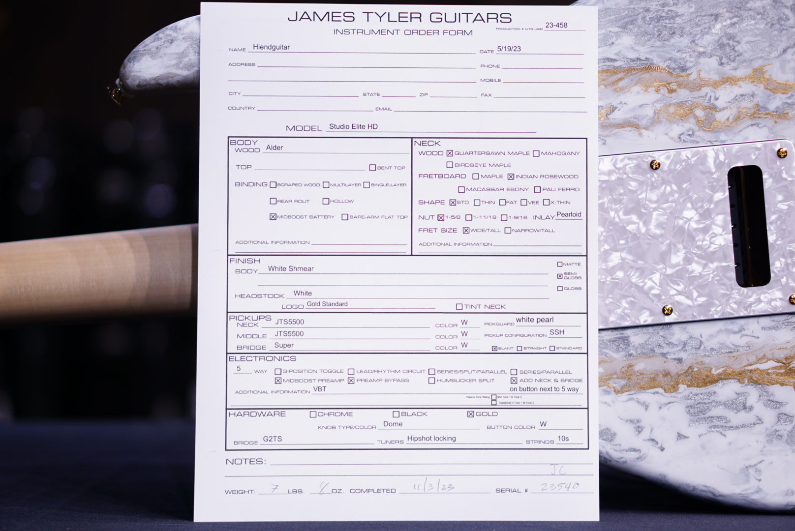 James Tyler Studio Elite HD White Shmear finish  23540 - HIENDGUITAR   James Tyler GUITAR