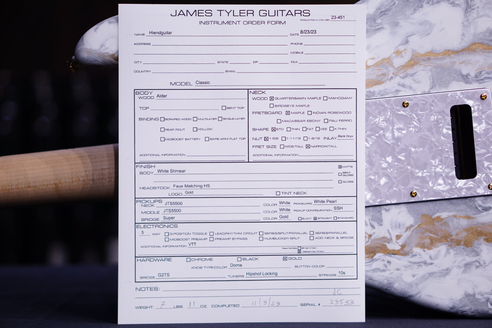 James Tyler Classic White Shmear maple fretboard 23533 - HIENDGUITAR   James Tyler GUITAR