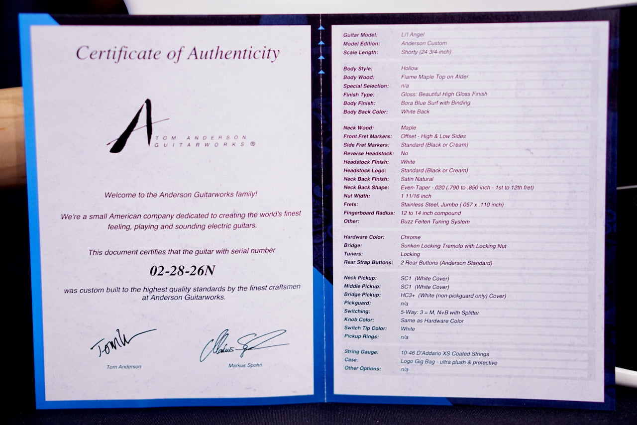 Tom Anderson Li'l Angel Hollow Bora Blue Surf * 02-28-26N *