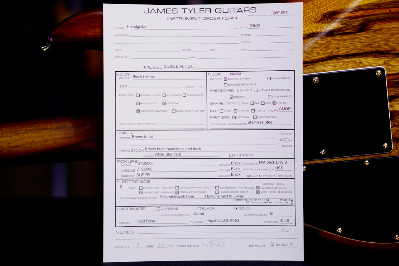 James Tyler Studio Elite HDX Black Limba Brown Burst 26213
