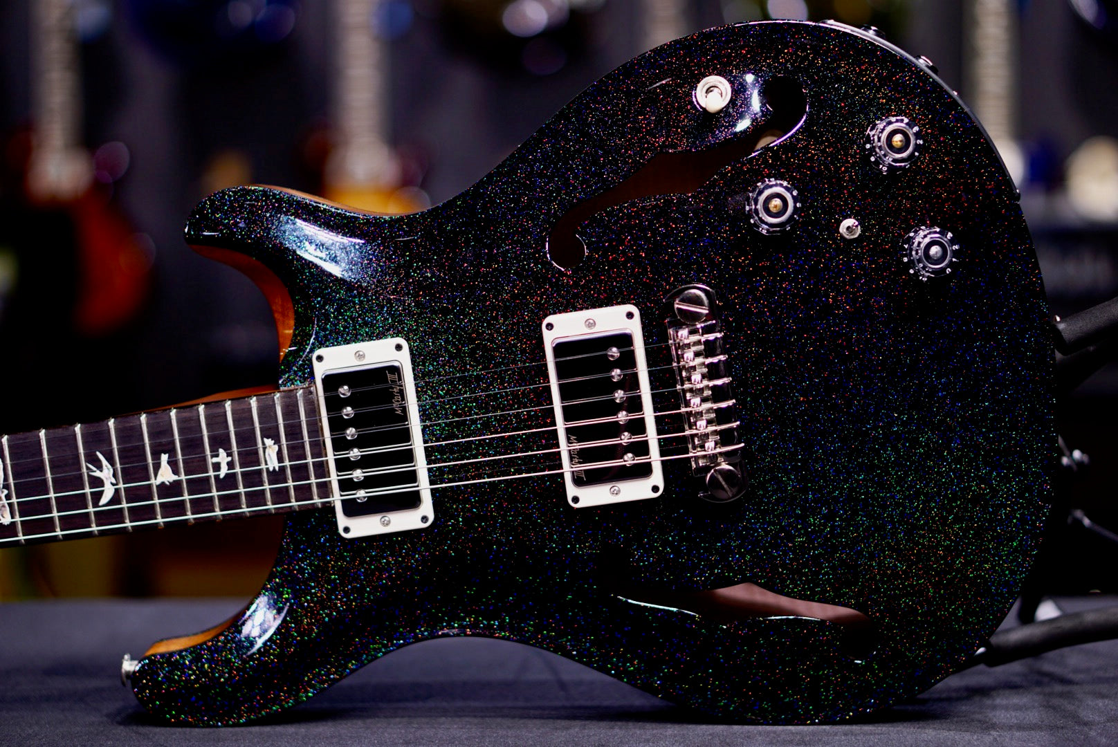PRS Hollowbody II Piezo Black Rainbow Holoflake Top & Binding (Natural Back) 0416856