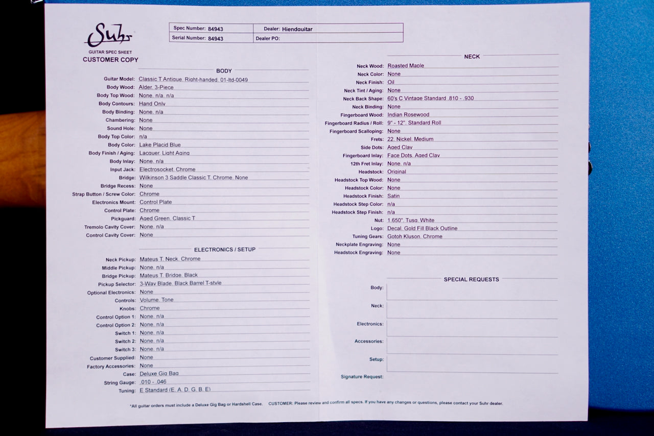 Suhr Classic T Vintage Limited Edition Lake Placid Blue 84943