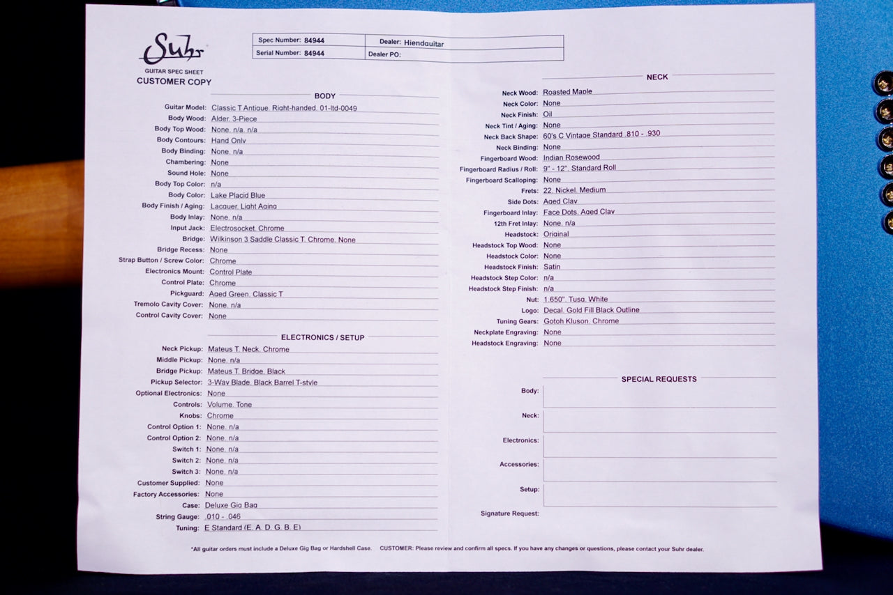 Suhr Classic T Vintage Limited Edition Lake Placid Blue 84944