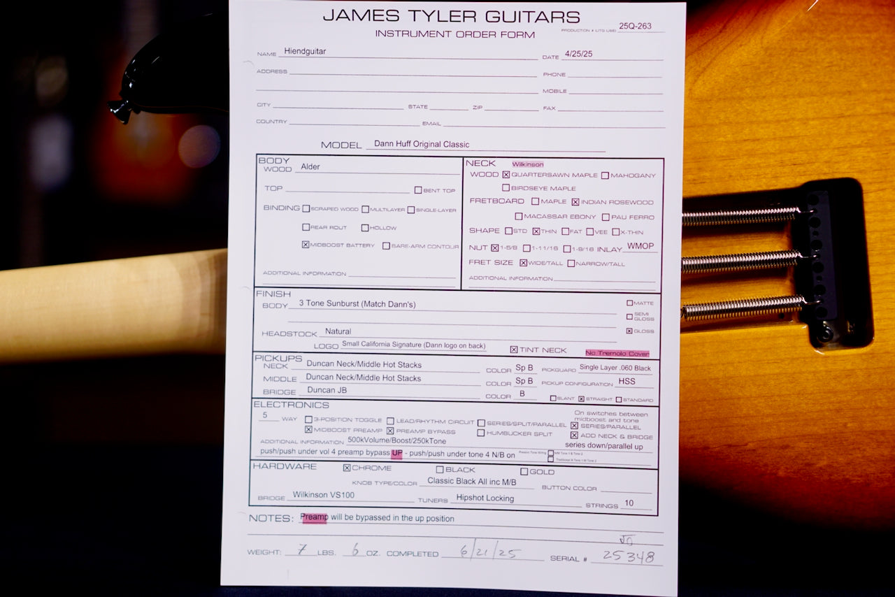 James Tyler Dann Huff Original Classic 3 tone sunburst wilkinson 25348