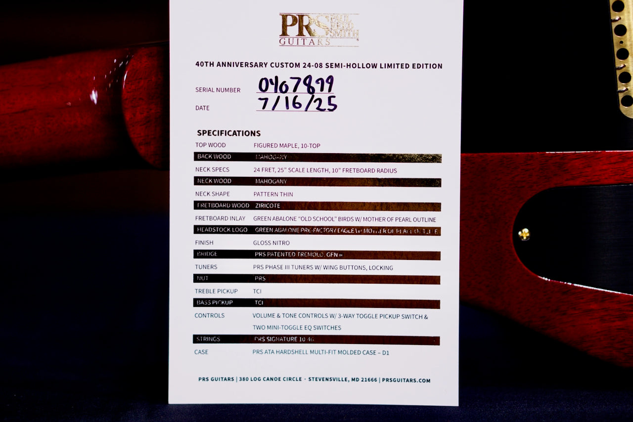 PRS 40th Anniversary Custom 24-08 Semi-Hollow Limited Edition Charcoal Cherry Burst 0407899