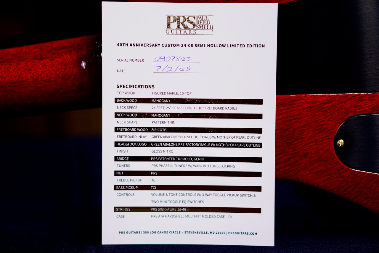 PRS 40th Anniversary Custom 24-08 Semi-Hollow Limited Edition Charcoal Cherry Burst 0407823