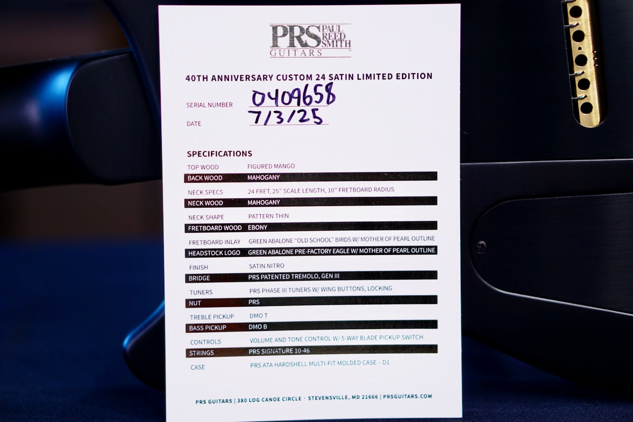 PRS 40th Anniversary Custom 24 Satin Limited Edition Cobalt Smokeburst 0409658