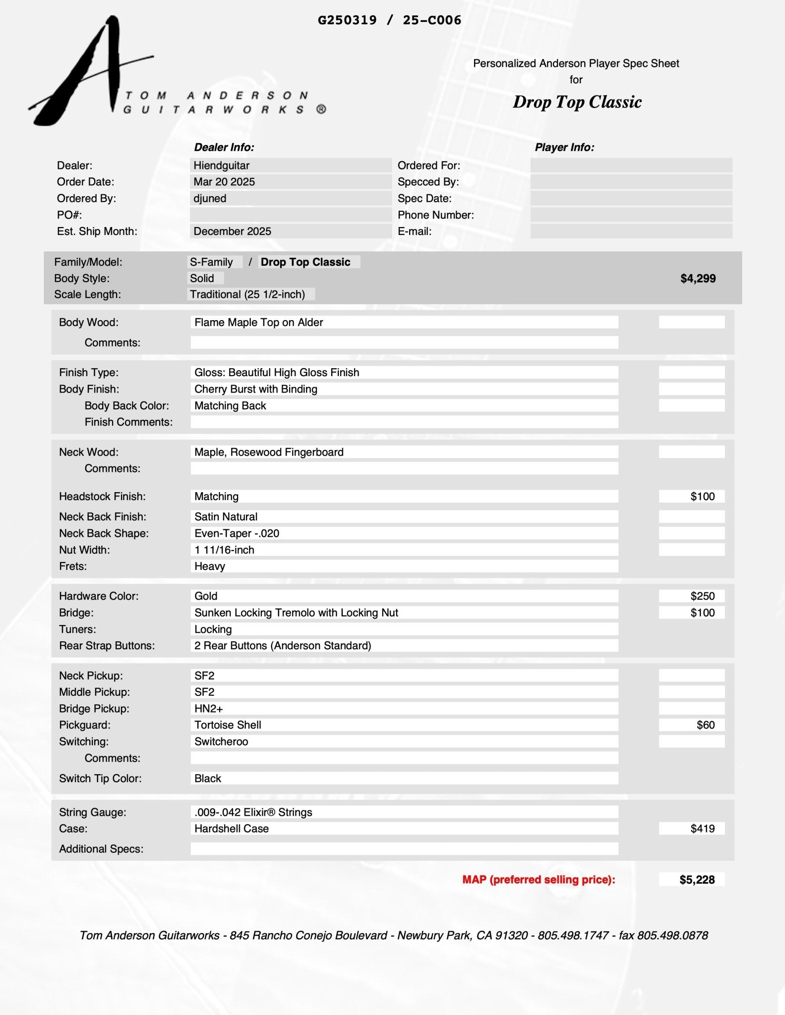 Tom Anderson Drop Top Classic Cherry Burst * 01-09-26P *