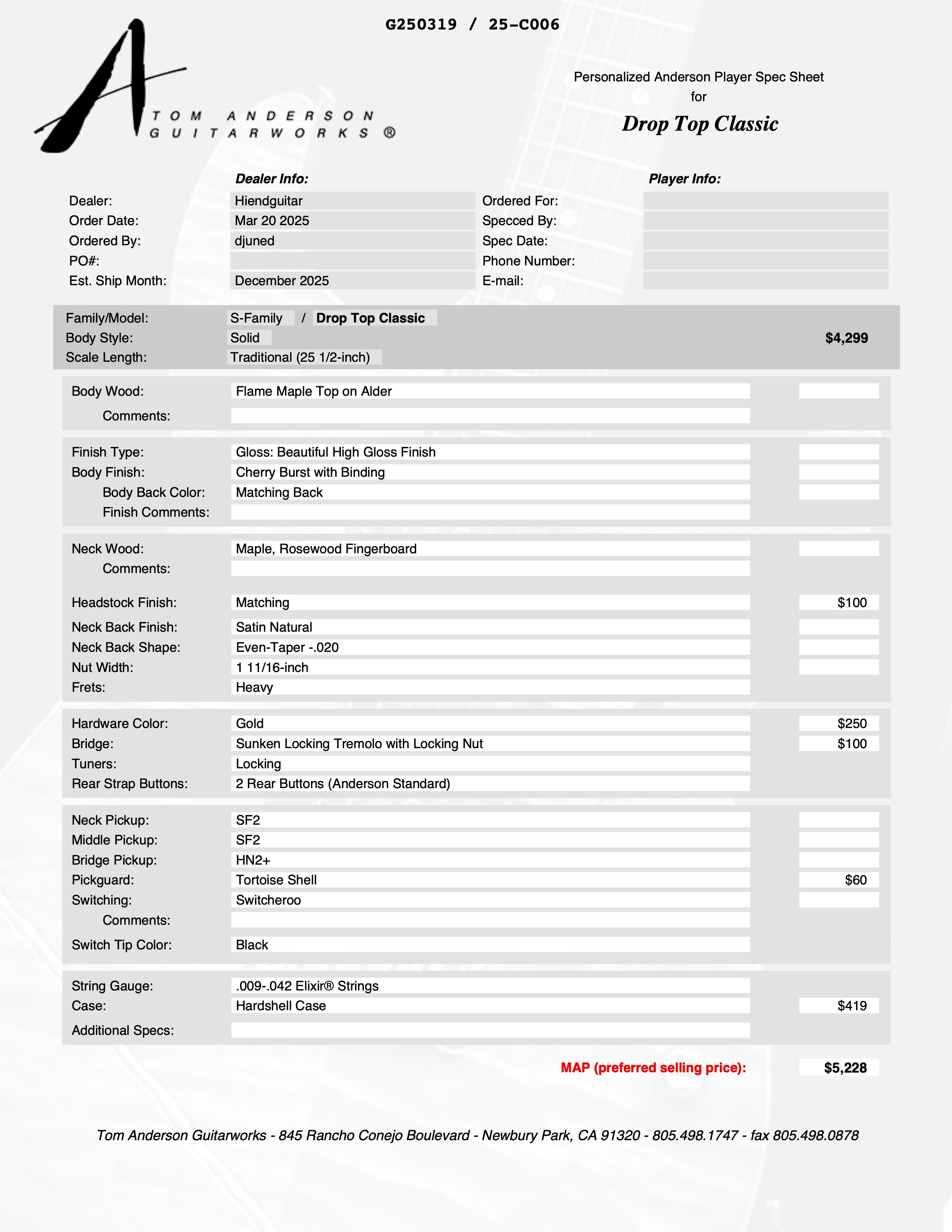 Tom Anderson Drop Top Classic Cherry Burst * 01-09-26P *