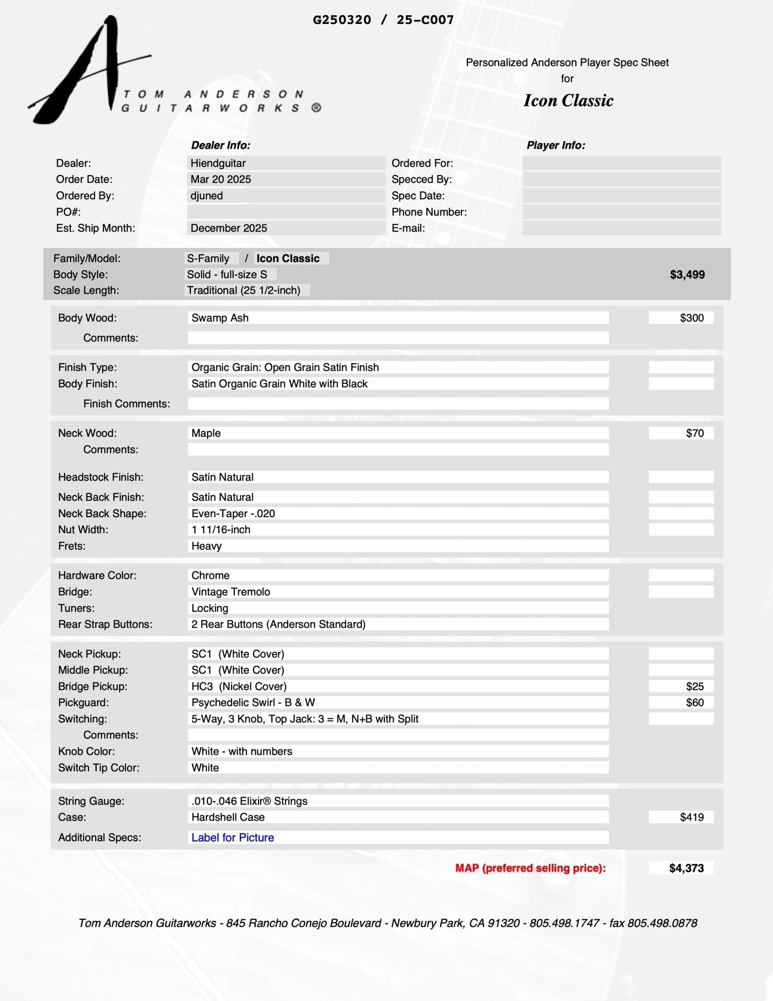Tom Anderson Icon Classic Satin Organic Grain White with Black  * 12-13-25P *