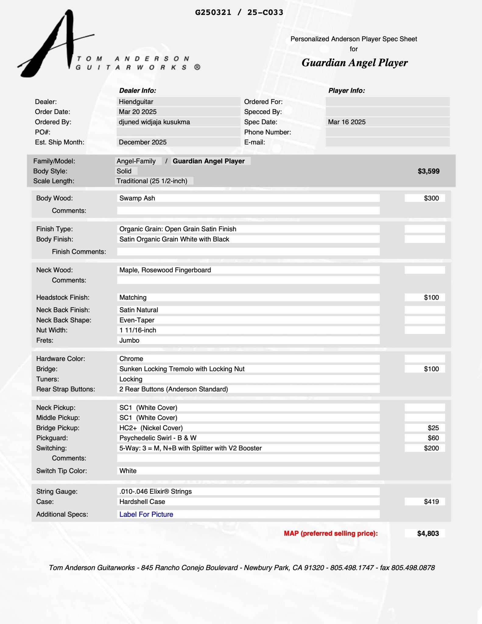 Tom Anderson Guardian Angel Player Satin Organic Grain White with Black  * 02-19-26A *
