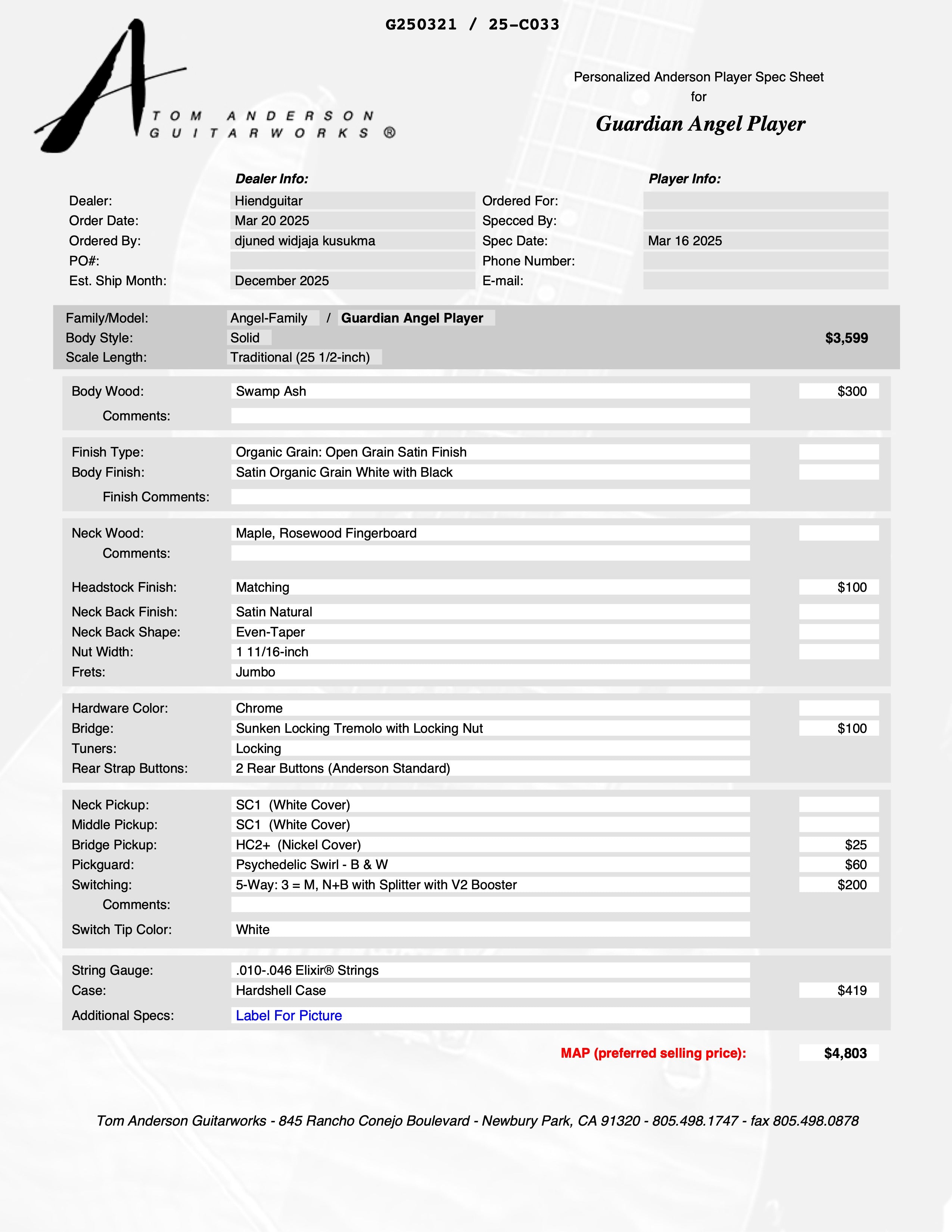 Tom Anderson Guardian Angel Player Satin Organic Grain White with Black  * 02-19-26A *
