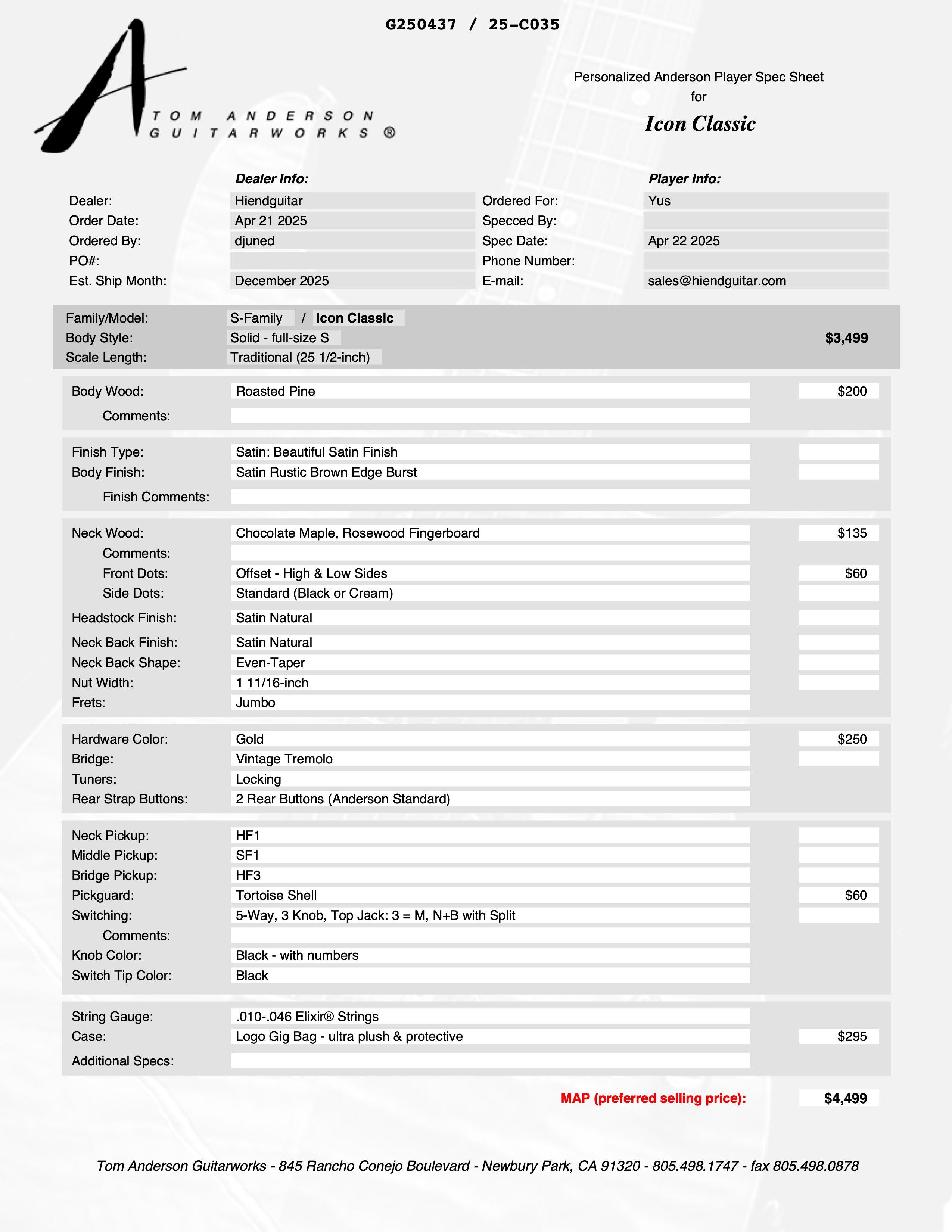 Tom Anderson Icon Classic Satin Rustic Brown Edge Burst * 01-22-26A *