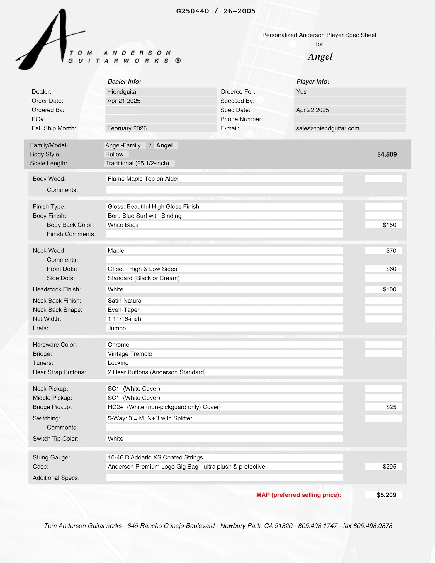 Tom Anderson Angel Hollow Bora Blue Surf * 02-20-26N *