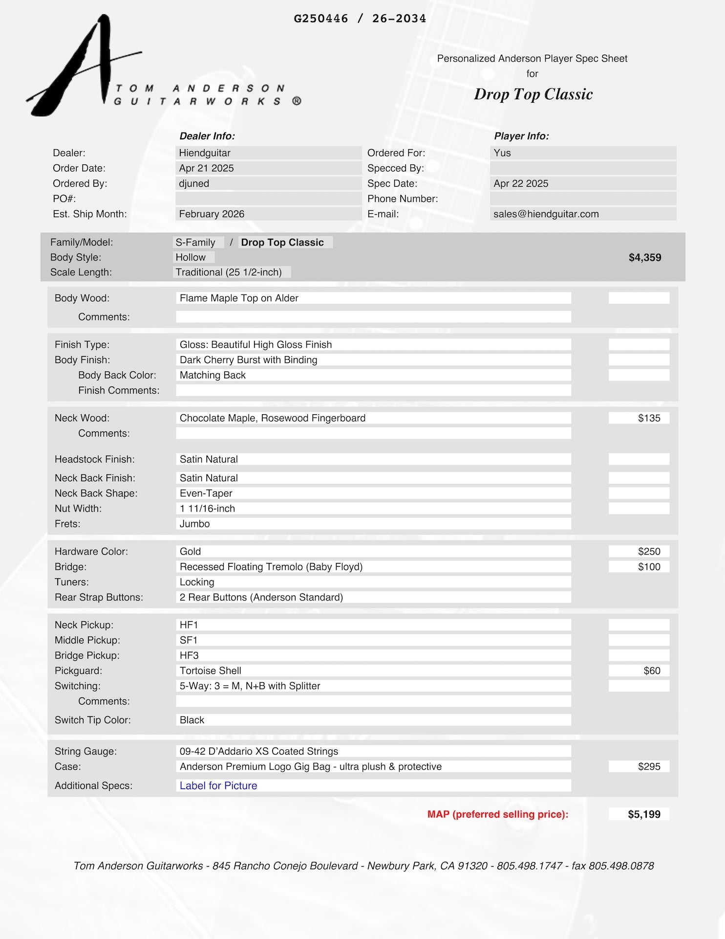 Tom Anderson Drop Top Classic Hollow Dark Cherry Burst * 02-21-26P *