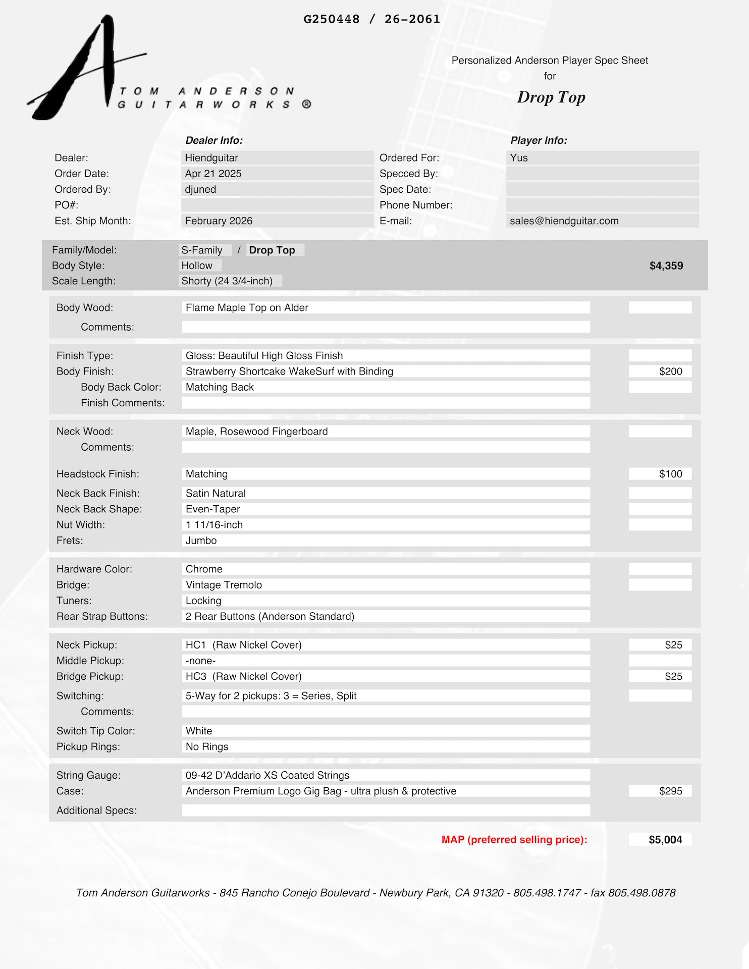 Tom Anderson Drop Top Shorty Hollow Strawberry Shortcake WakeSurf * 03-20-26M *