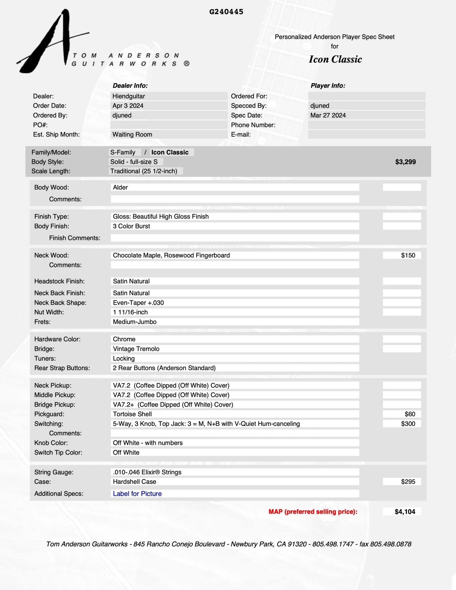 Tom Anderson Icon Classic 3 Color Burst * 01-29-26P *