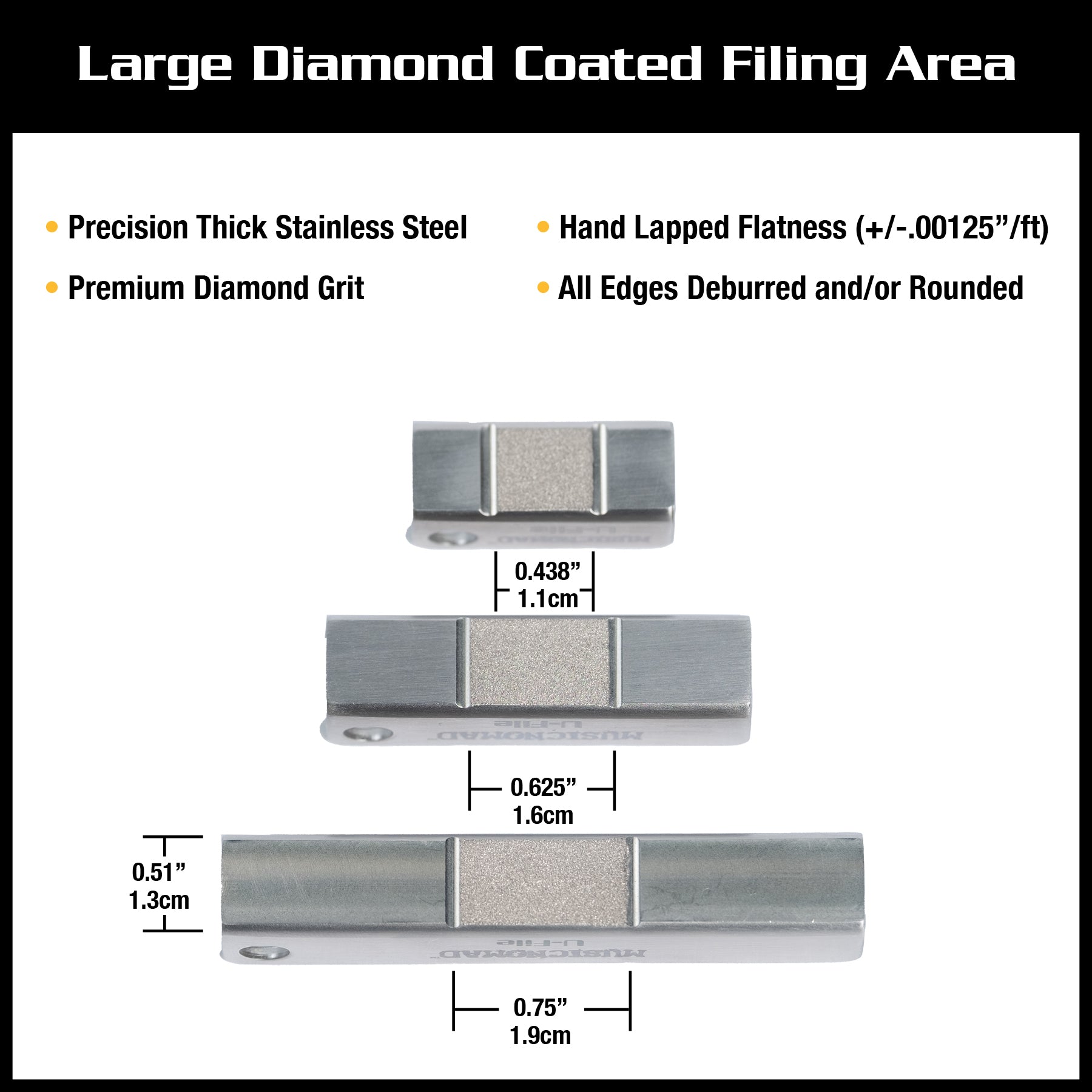 Music Nomad Fret Leveler - Diamond U-File for Leveling Single Guitar Frets - 3 Pack (1.25", 2", 3") MN813