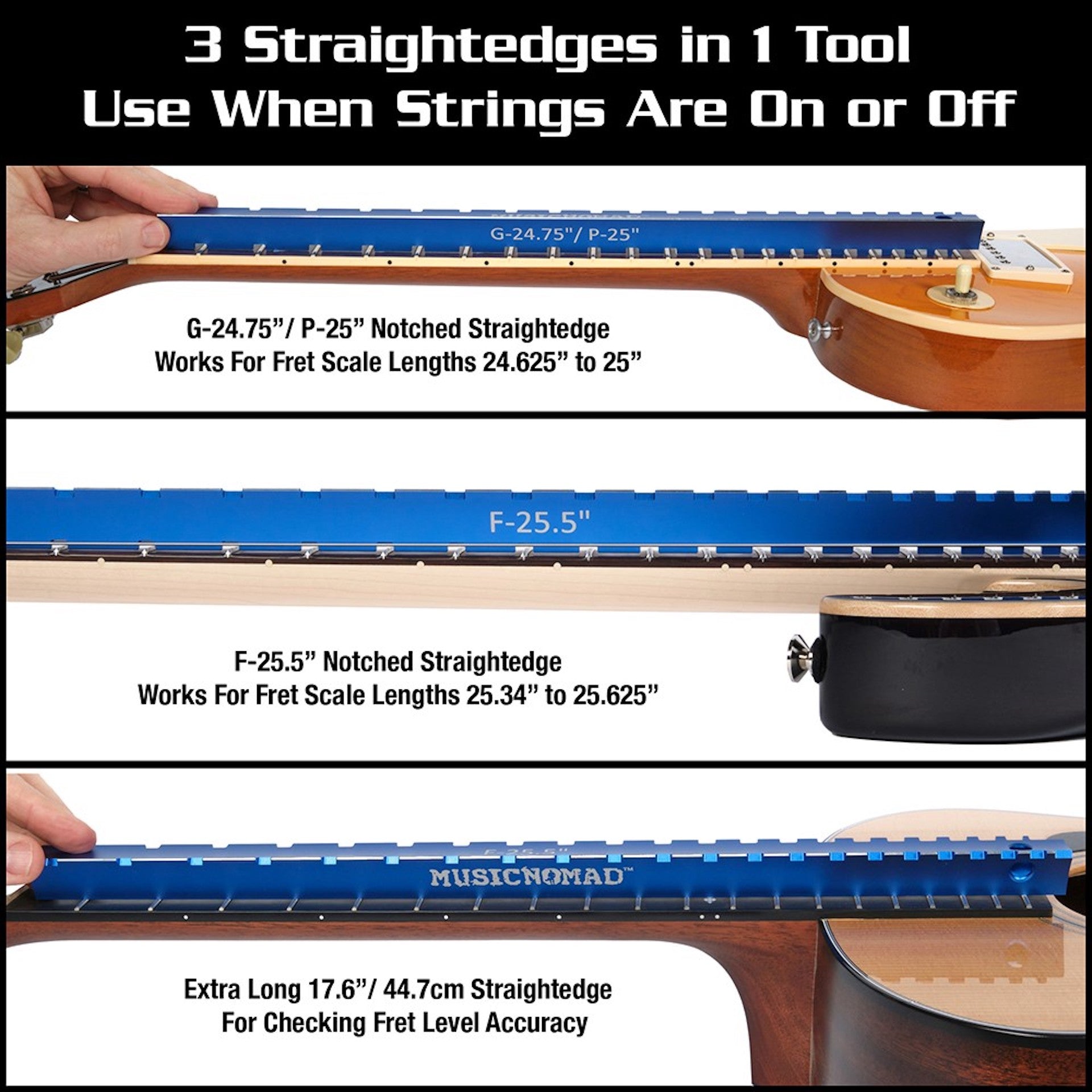 MusicNomad Tri-Beam 3 'n 1 Dual Notched Straightedge & Precision Straightedge for Acoustic and Electric Guitars  (MN821) - HIENDGUITAR   musicnomad musicnomad