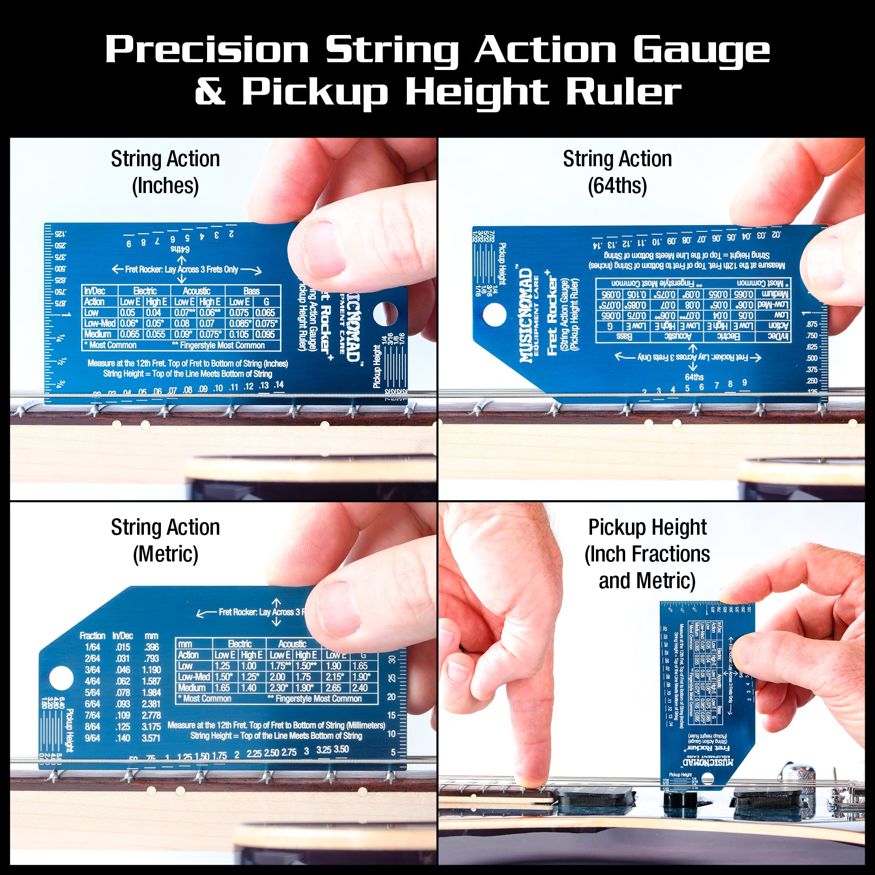 MusicNomad Precision Fret Rocker+ (String Action Gauge and Pickup Height Ruler)  MN822