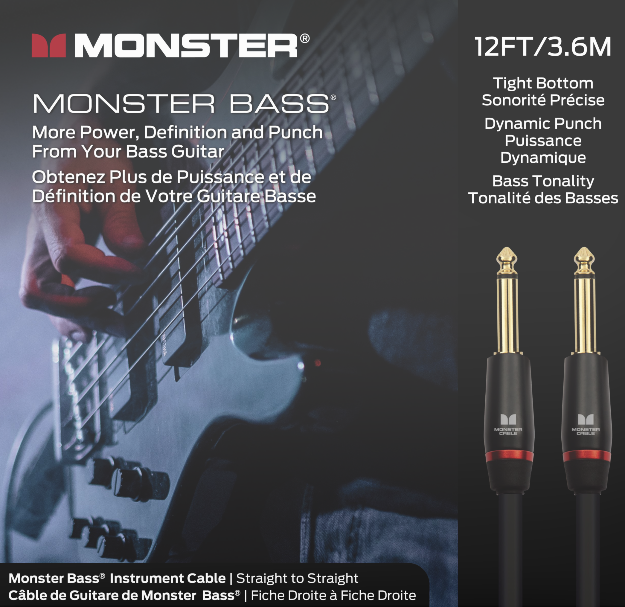 Monster® Prolink Bass® Instrument Cable - HIENDGUITAR 12ft(3.6m) / Straight-straight 12ft(3.6m) Monstercable Cable