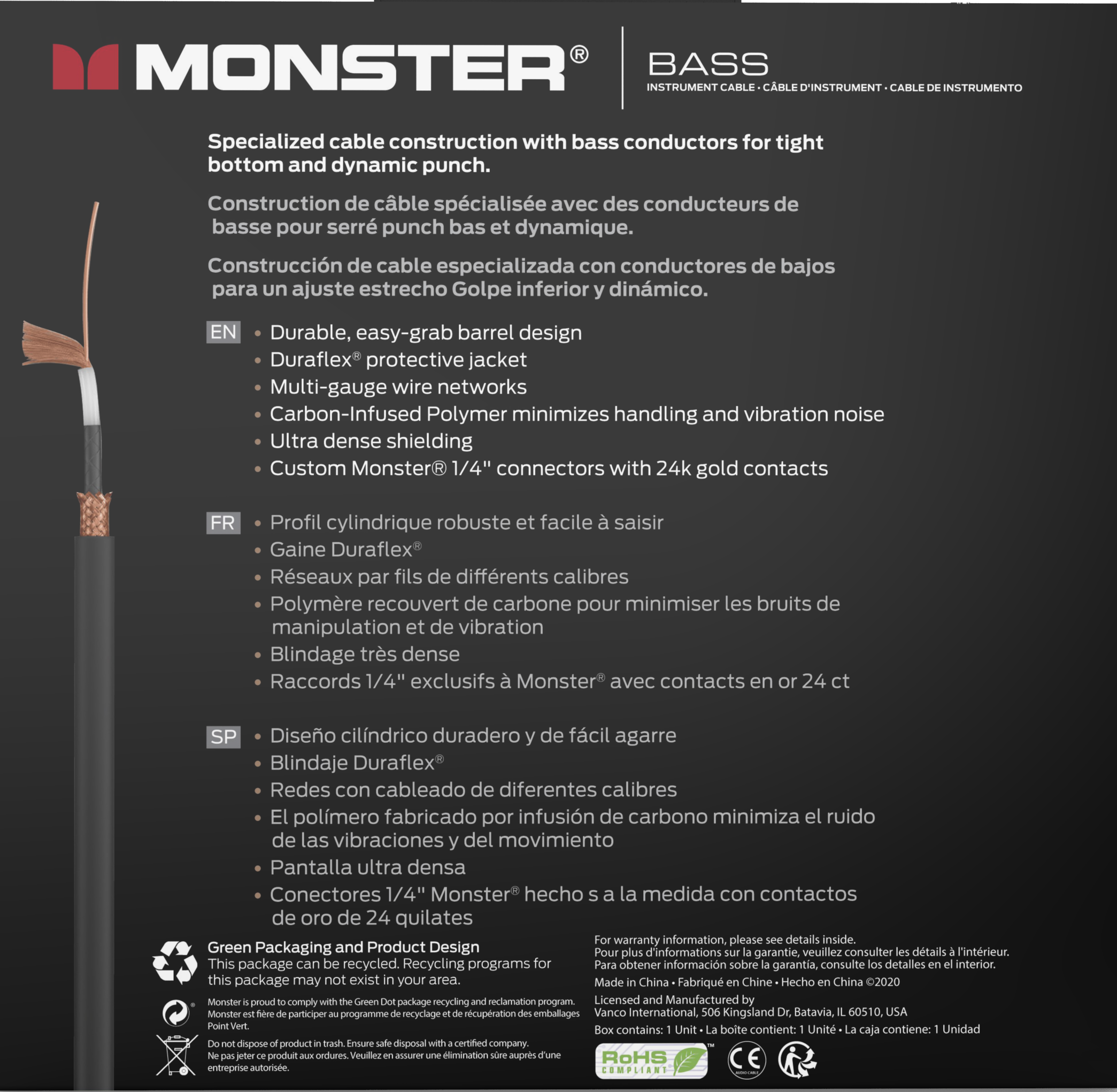 Monster® Prolink Bass® Instrument Cable - HIENDGUITAR   Monstercable Cable