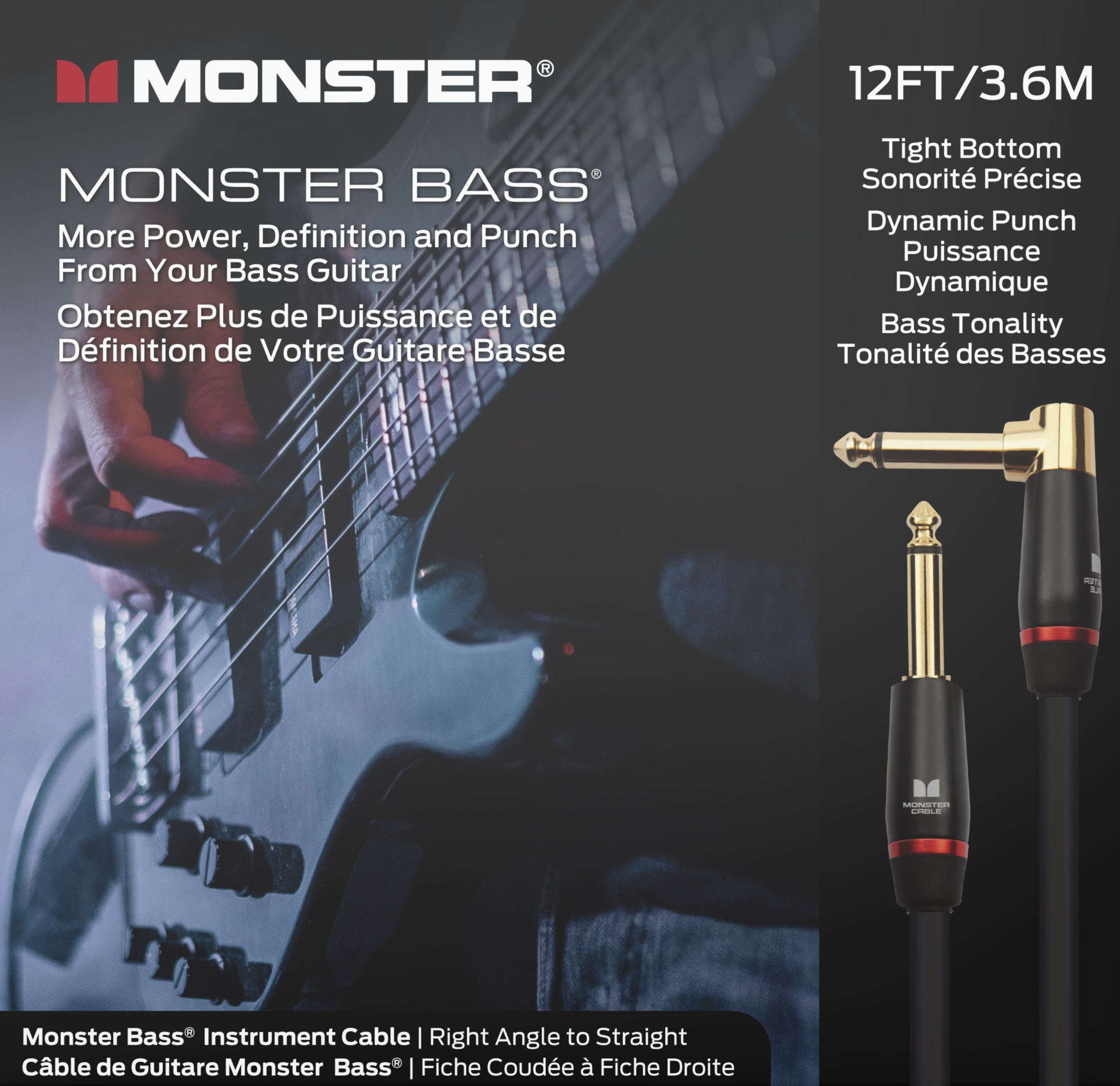 Monster® Prolink Bass® Instrument Cable - HIENDGUITAR 12ft(3.6m) / Straight-Angle 12ft(3.6m) Monstercable Cable