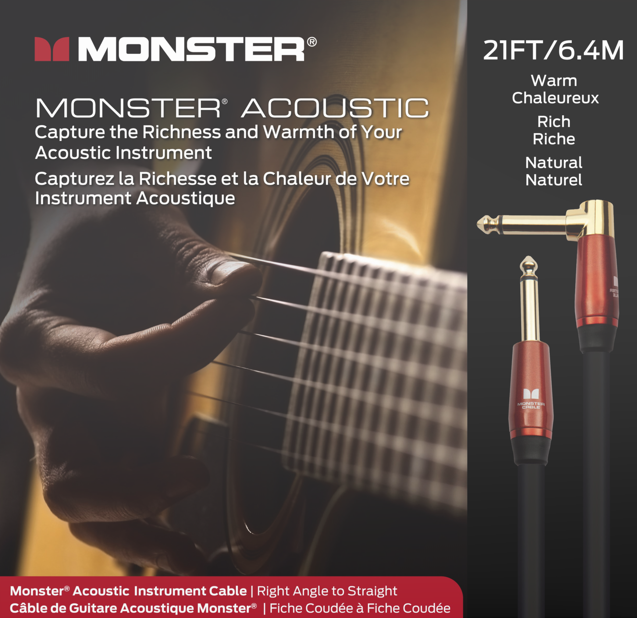 Monster® Prolink Acoustic Instrument Cable - HIENDGUITAR 21ft(6.4m) / Straight-Angle 21ft(6.4m) Monstercable Cable