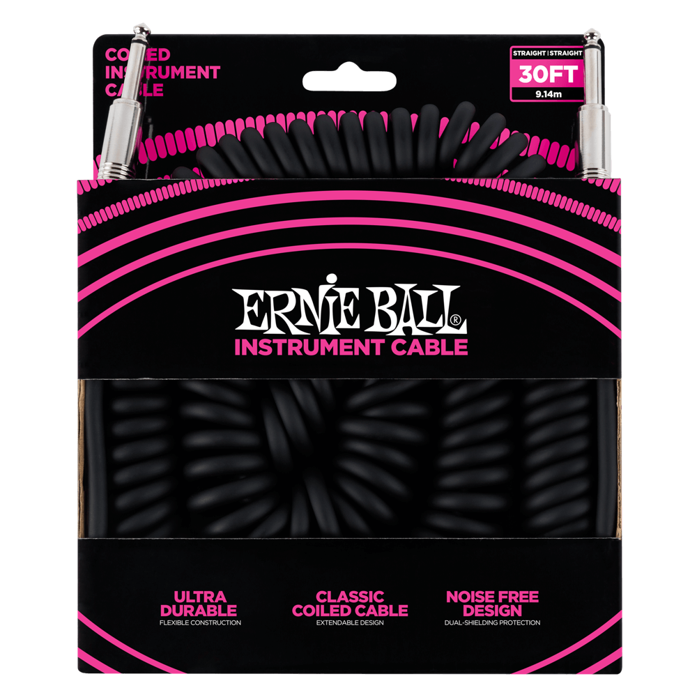 Ernie Ball 30' Coiled Straight / Straight Instrument Cable - Black - HIENDGUITAR   Ernieball Cables