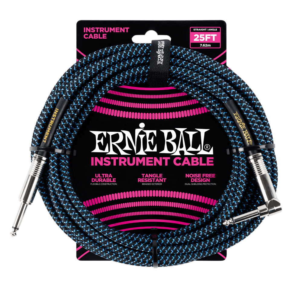 Ernie Ball 25' Braided Straight / Angle Instrument Cable - Black / Blue - HIENDGUITAR   Ernieball Cables