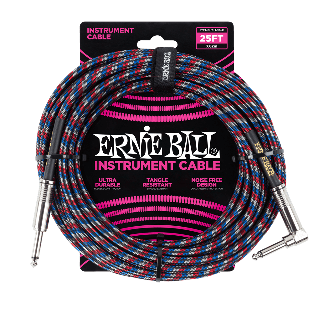 Ernie Ball 25' Braided Straight / Angle Instrument Cable - Black / Red / Blue / White - HIENDGUITAR   Ernieball Cables