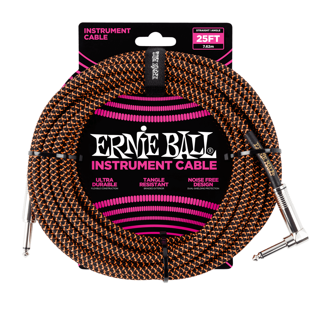 Ernie Ball 25' Braided Straight / Angle Instrument Cable - Black / Orange - HIENDGUITAR   Ernieball Cables