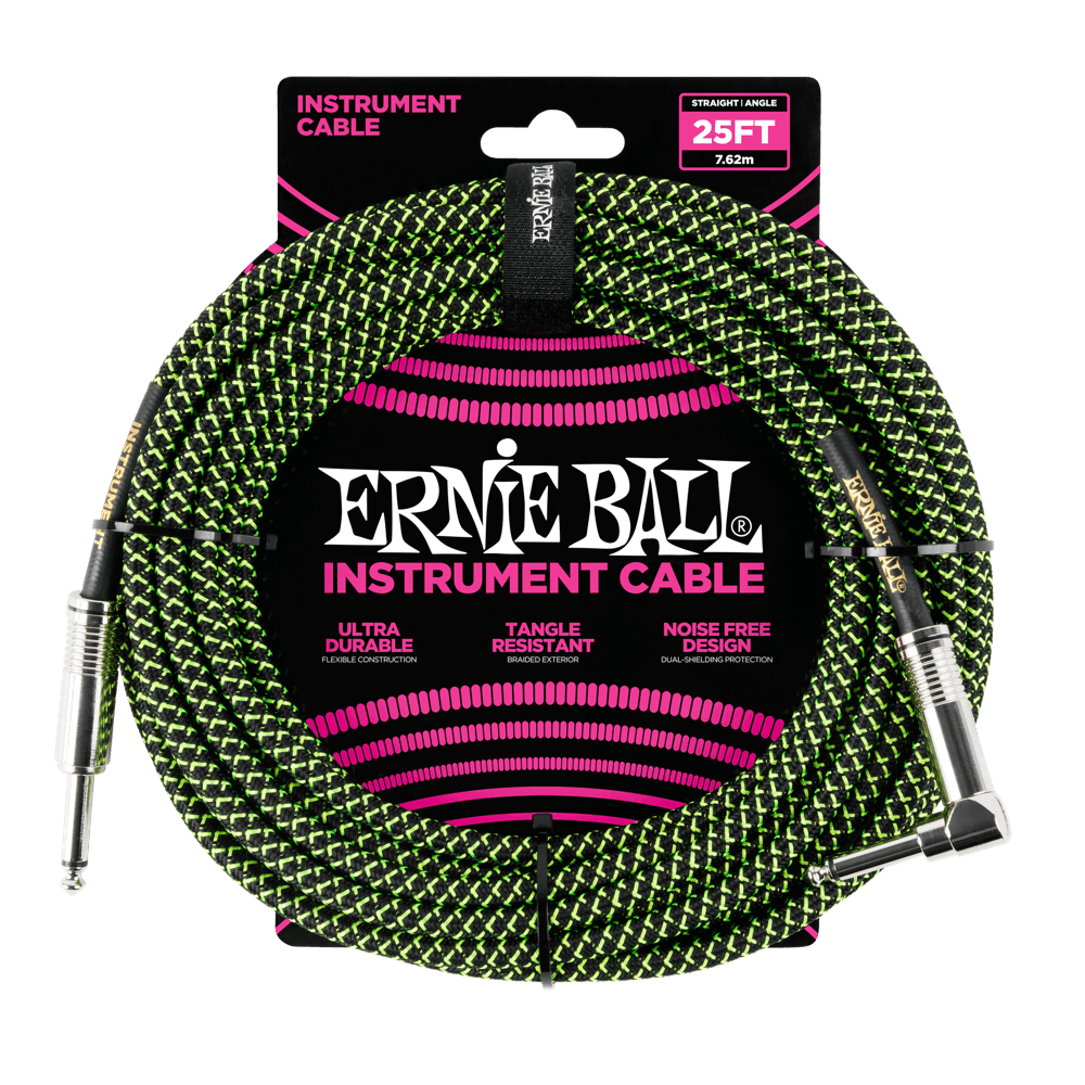Ernie Ball 25' Braided Straight / Angle Instrument Cable - Black / Green - HIENDGUITAR   Ernieball Cables
