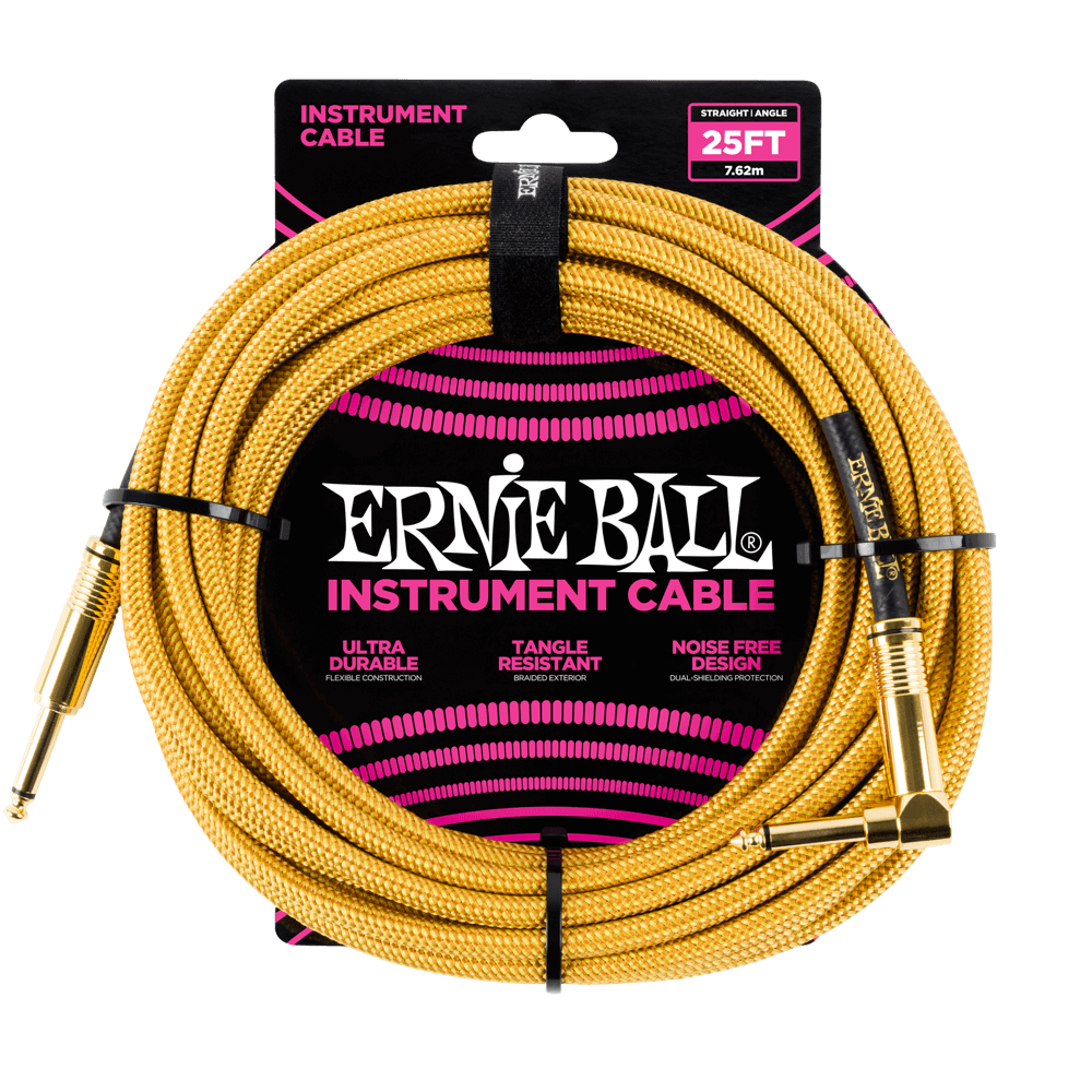 Ernie Ball 25' Braided Straight / Angle Instrument Cable - Gold / Gold - HIENDGUITAR   Ernieball Cables