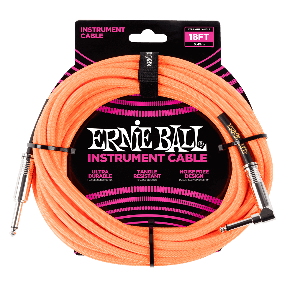 Ernie Ball 18' Braided Straight Angle Inst Cable Neon Orange - HIENDGUITAR   Ernieball Cables