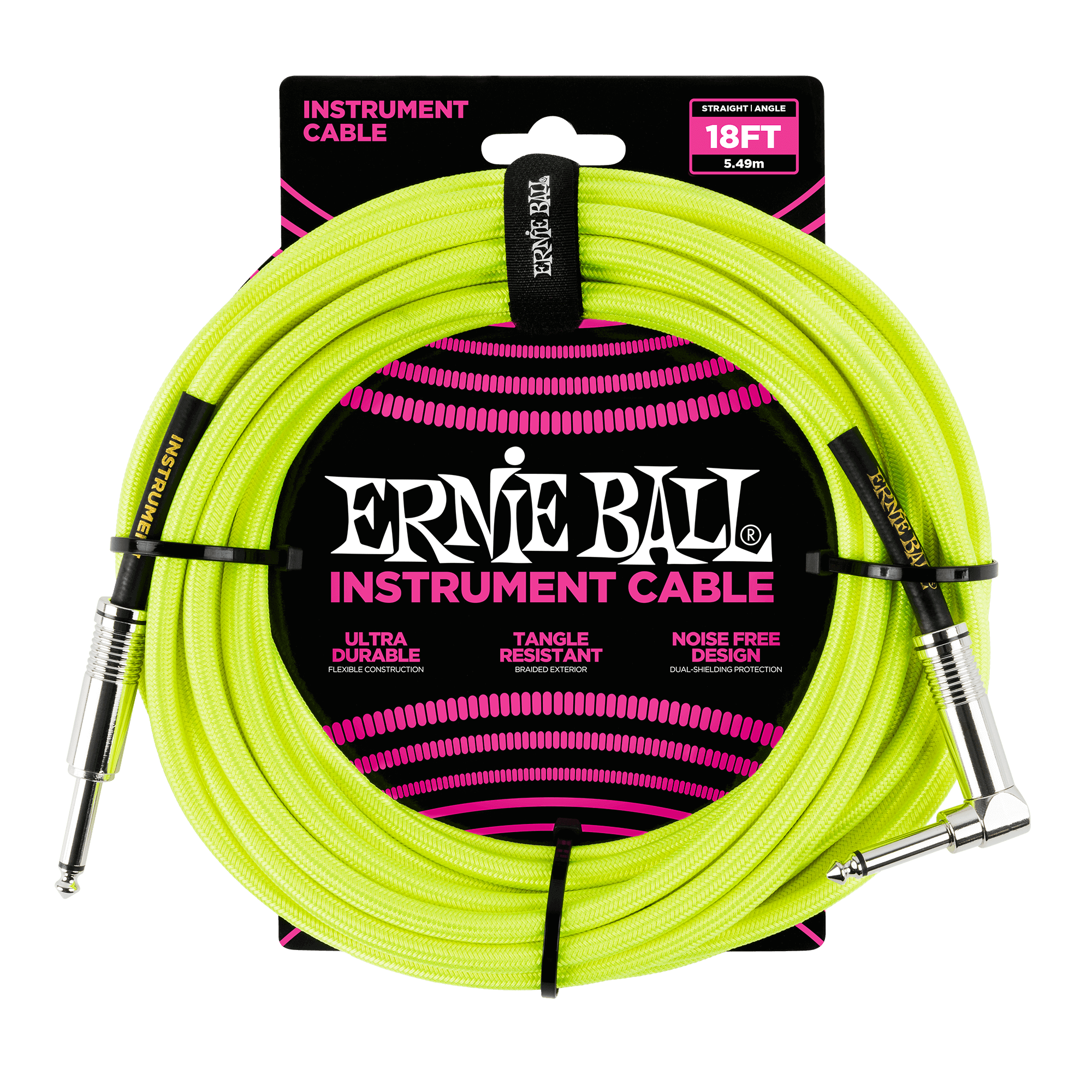Ernieball 18' BRAIDED STRAIGHT / ANGLE INSTRUMENT CABLE NEON - YELLOW - HIENDGUITAR   ernieball Cable