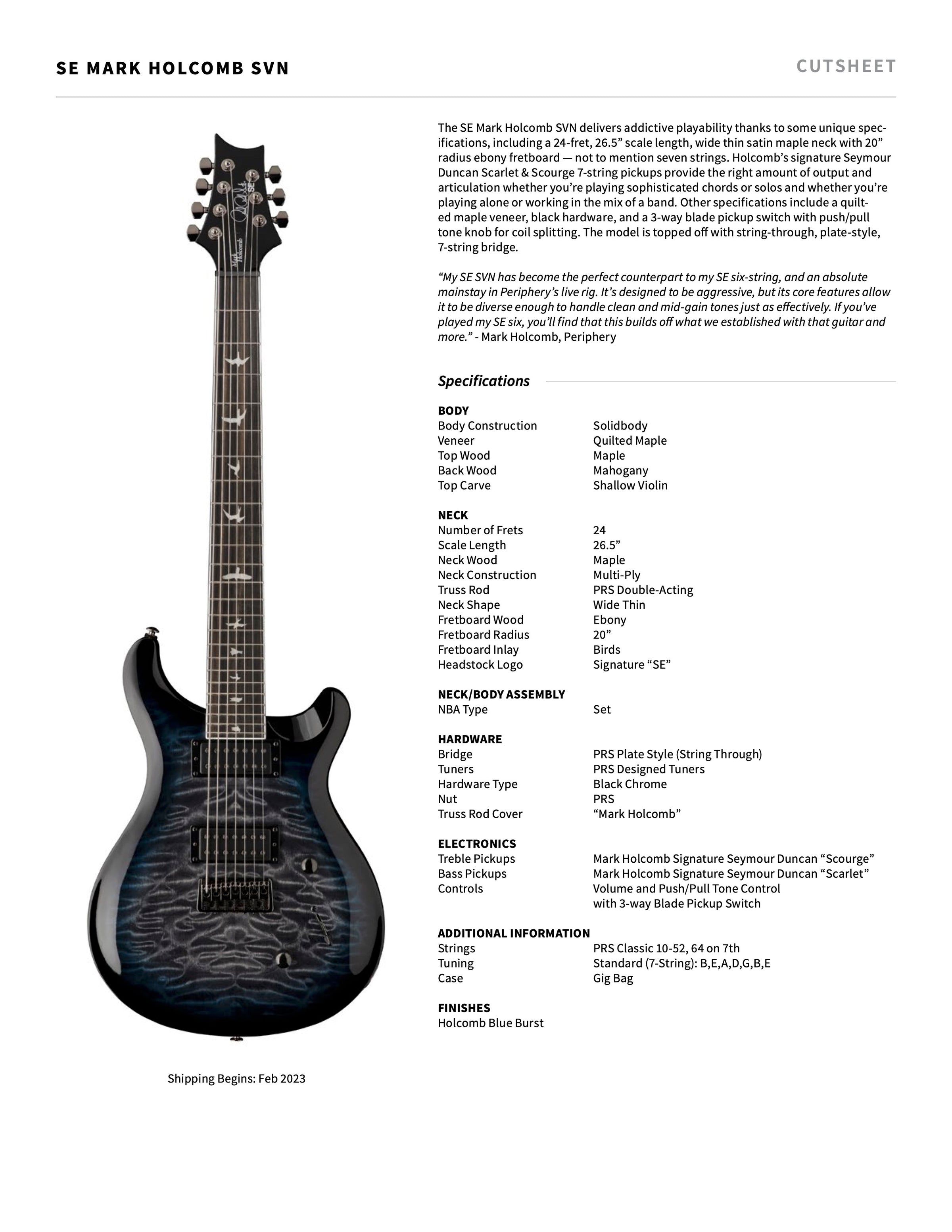 PRS SE Mark Holcomb SVN Holcomb Blue Burst 7 String