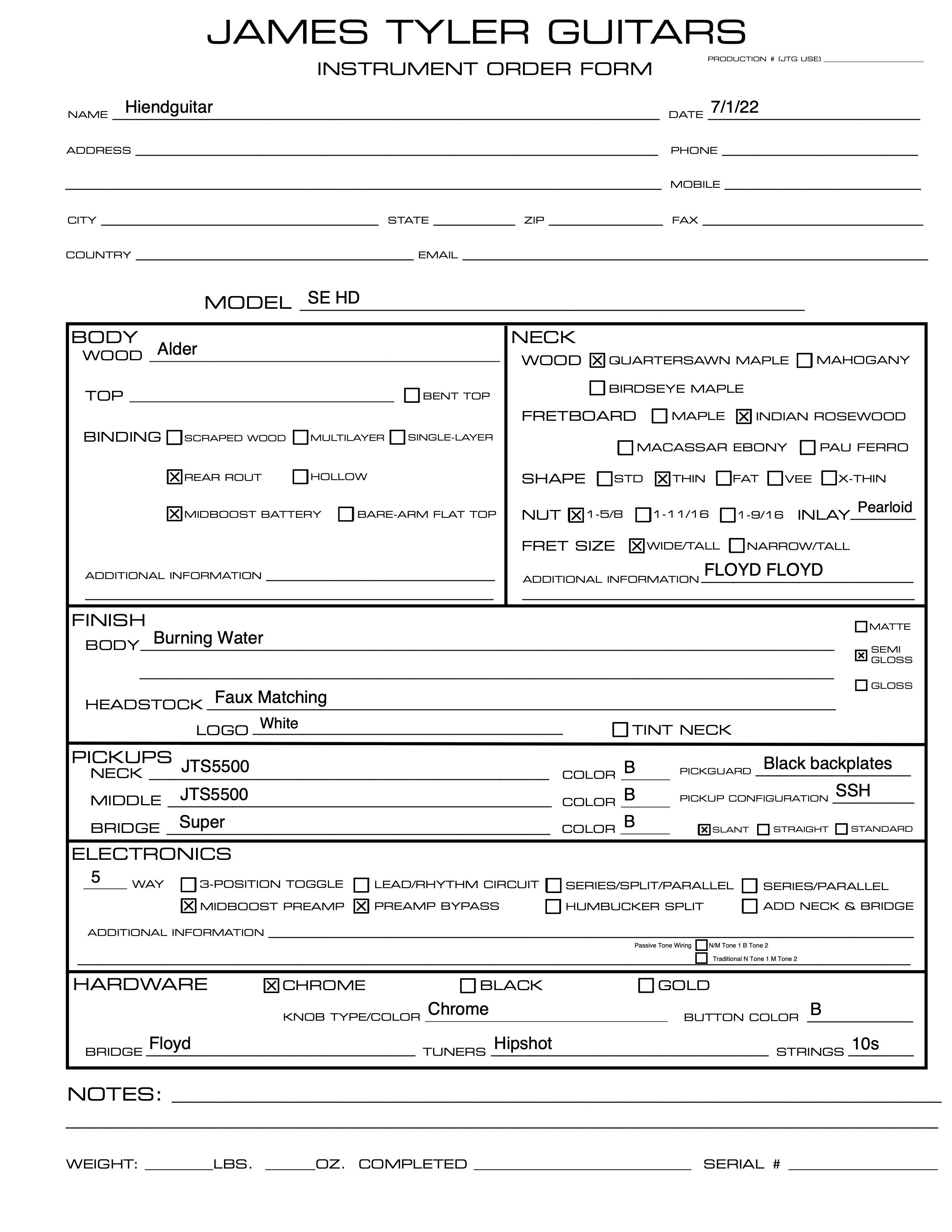 James Tyler Studio elite HD burning water rear route - HIENDGUITAR   James Tyler GUITAR